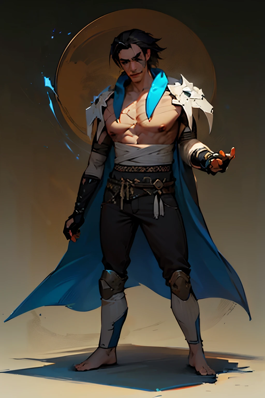A young man with long white dreadlocks, dark skin, a melancholic expression, drooping eyelids and eyebrows, a lean face, a thin yet sturdy build, a tattered and ill-fitting light blue fantasy-style adventurer's shirt with short sleeves, revealing his abs, a silver breastplate on his left chest, a large sword is strapped to his back, a yellow belt, white coarse cloth trousers, stands nervously in a fantasy-style western town, this character embodies a finely crafted fantasy-style adventurer in anime style, exquisite and mature manga art style, dramatic, high definition, best quality, highres, ultra-detailed, ultra-fine painting, extremely delicate, professional, perfect body proportions, golden ratio, anatomically correct, symmetrical face, extremely detailed eyes and face, high quality eyes, creativity, RAW photo, UHD, 32k, Natural light, cinematic lighting, masterpiece-anatomy-perfect, masterpiece:1.5