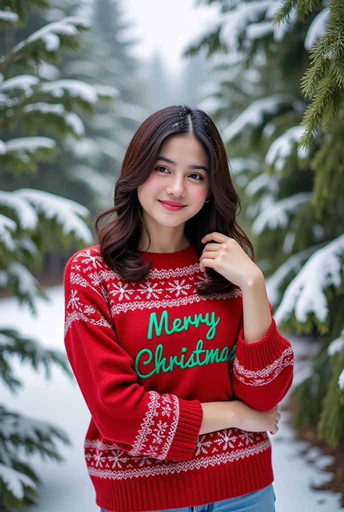 A warm winter wonderland scene: A young woman, bundled in a cozy red Christmas knit sweater adorned with intricate snowflake patterns and bold text Merry Christmas in green letters, stands amidst a serene snowy landscape, softly falling snowflakes gently dusting her face and shoulders within the natural frame of surrounding evergreen trees.