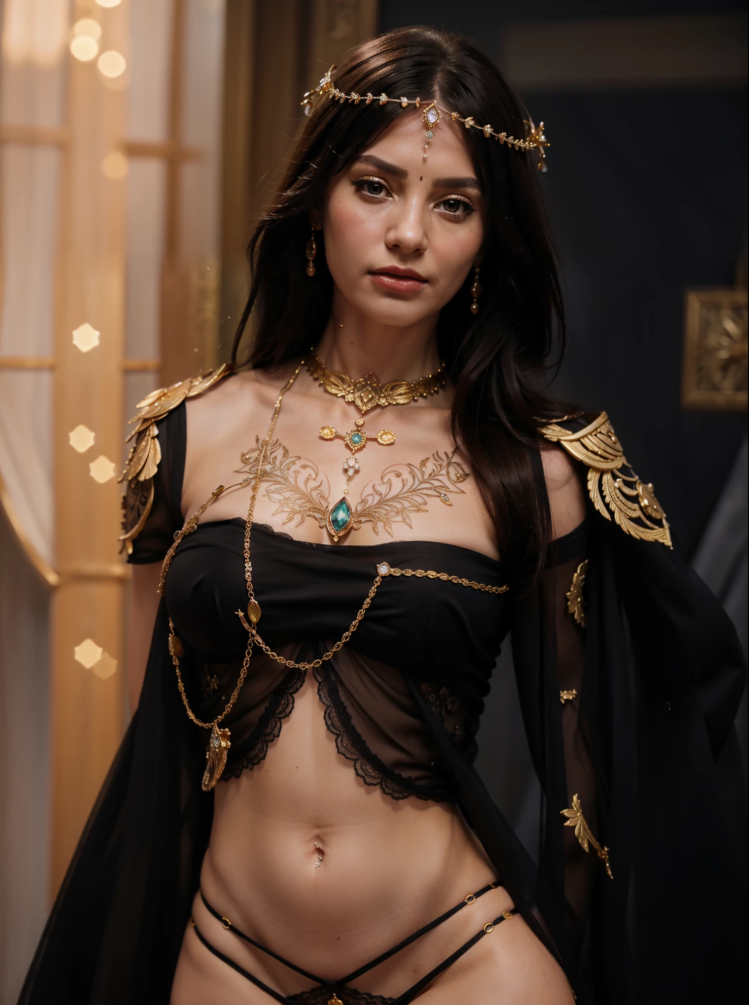 a gypsy woman with beautiful detailed green eyes, long black hair, wearing an open sheer white embroidered blouse with gold medals, an airy sheer red ruffled skirt, seashell necklaces, photorealistic, high quality, 8k, masterpiece, vibrant colors, dramatic lighting, fantasy, elegant, mystical