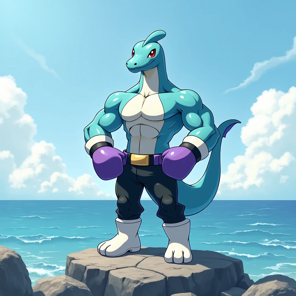 Muscular Lapras in white boots , in black pants, wearing purple boxing gloves stands on a rock against the sea