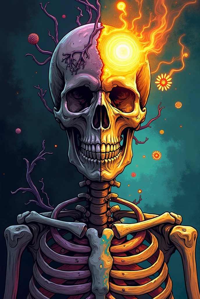 pixel sorted，Superhero skull，gory art，flying petal，Metal polished skeleton painting of man on black background,A rainbow surrounds the skull，Form different structures， breath-taking rendering, Magical rainbow elements,Splendid round rainbow combination，circular composition，Solo