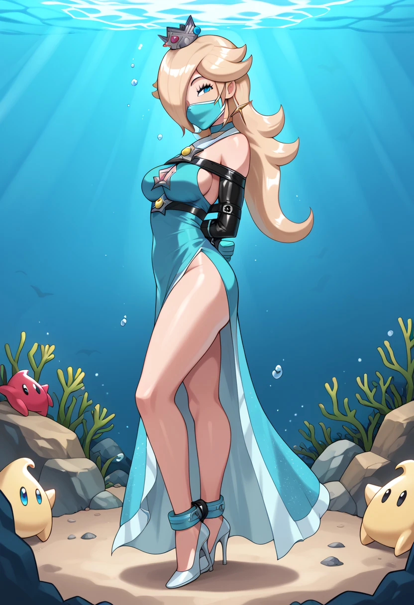 score_9, score_8_up, score_7_up, 1girl, Lora:Rosalina_XLPD:1,  (RslnSND, hair over one eye, crown, blue dress, bare shoulders, side slit, clothing cutout, choker, cleavage cutout, , high heels, full body, shiny dress, ) , flirt, gaze, sexy look, half-closed eyes, head tilt, makeup, (full bodies in view) expressiveh d4rk01l, perfect hands, perfect proportions, underwater, underwater drown. standing,  belt bondage, bound arms, (arms behind back: 1.4), tight mask, black mask, nude legs, OTN gag, (armbinder tied), (armbinder: 1.4), (sexy pose), (leather mask), complete body. (((lean the chest backwards, side view))), (((head leaning backward))), ((complete body side view)), ((stretched legs)), ((shaft head tilt pose)), ((head leaning back)), (head side view),