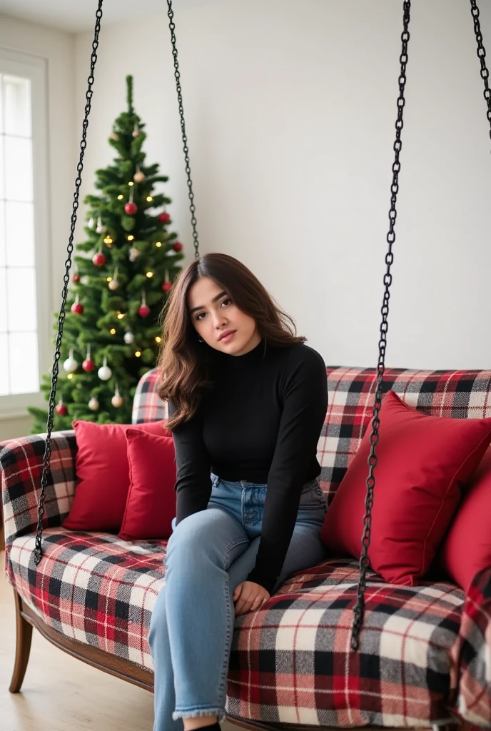 A young woman sits in a plaid bench is adorned with four pillows and a blanket. The bench is suspended from two chains, adding a touch of warmth to the scene. In the background, a Christmas tree, adorned with lights, stands out against the backdrop of a white wall.