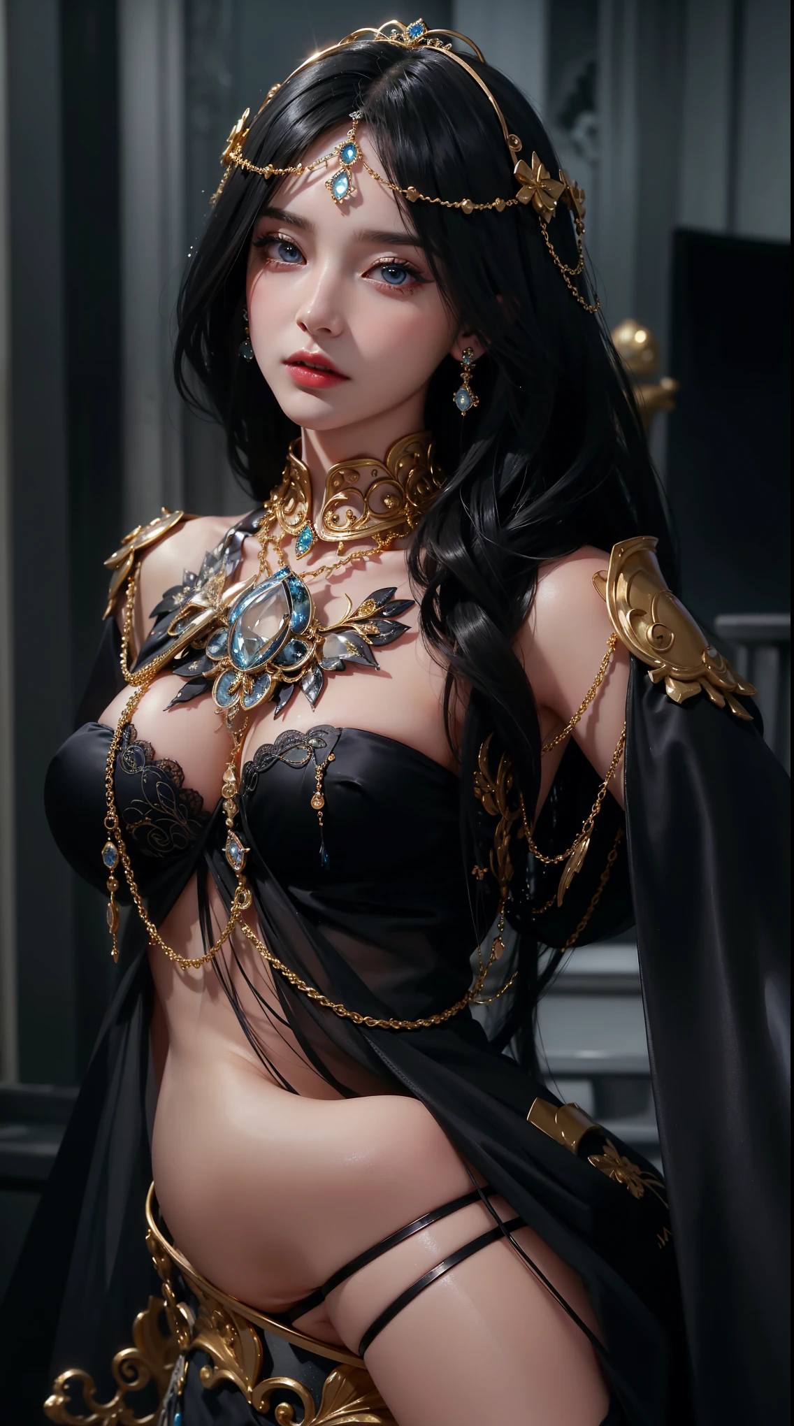 A girl, black saris dress , hot, high quality detail, ultra realistic, big boobs, waist out,