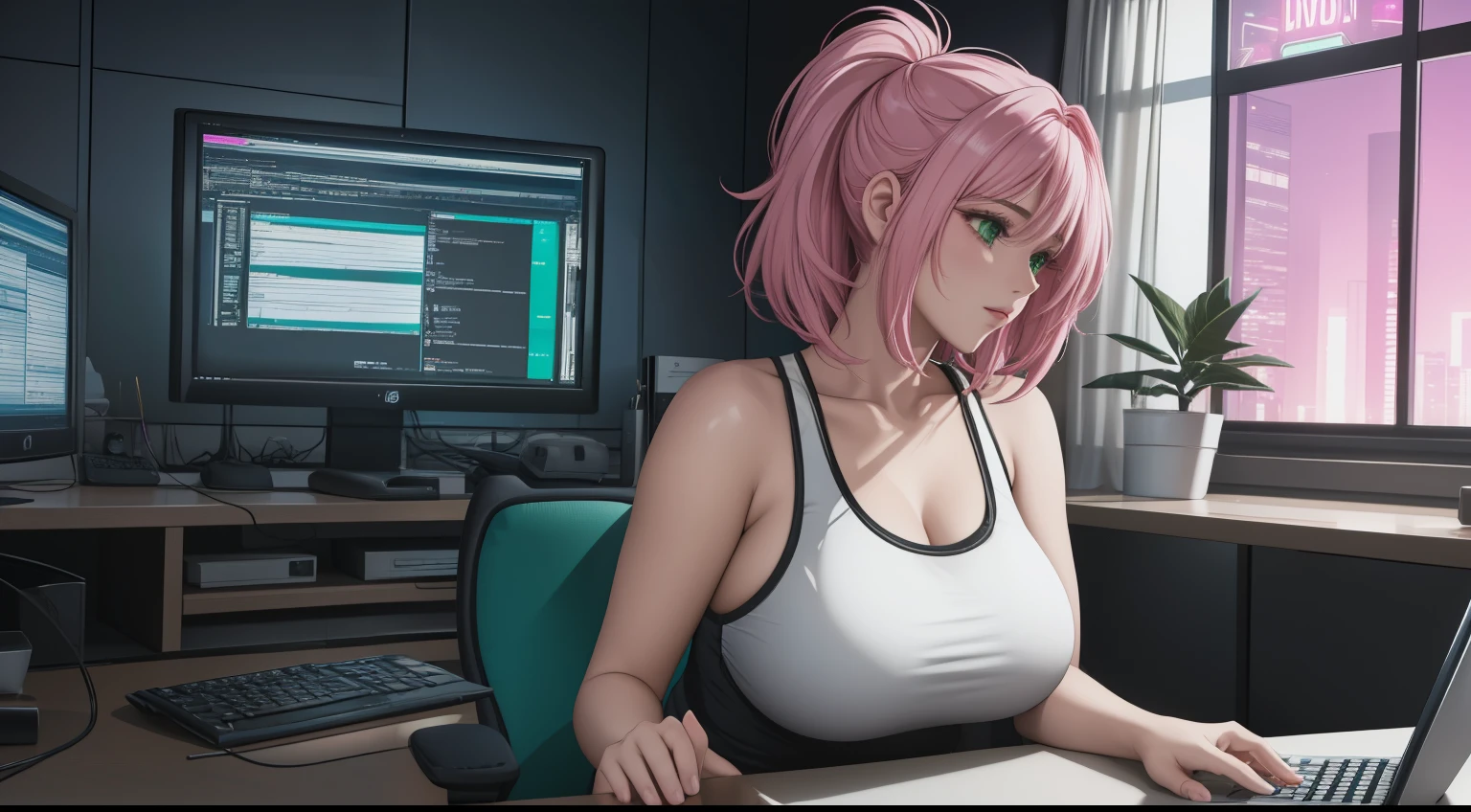 "A woman with a well-endowed figure, sitting in front of a computer, deeply focused on coding. The room is illuminated by the soft glow of the computer screen, creating a tranquil atmosphere. It's nighttime, and through the open window, a bright full moon shines, lighting up the calm, serene night. She has short ombre hair transitioning from green to white, wearing a pink tank top and black leggings. The desk is slightly cluttered with coding-related items, and the overall scene captures a cyberpunk-inspired aesthetic, blending modern technology with a peaceful night setting."
