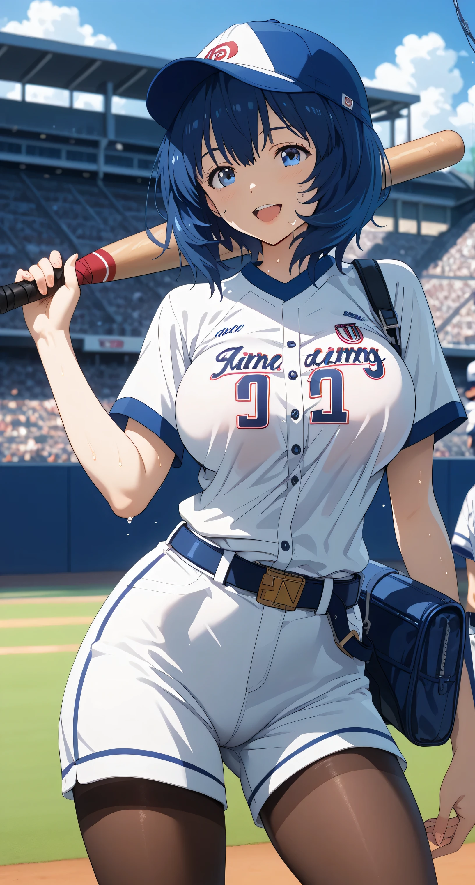 Source anime, Tall girl, Fit girl,score_9, score_8_up, score_7_up, score_6_up, uncensored, source_anime, annayanami, annayanami, blue eyes, large breasts, medium hair, blue hair, blue eyes, sidelocks, ribbon, 1girl, baseball_uniform, hat, sportswear, shorts, breasts, belt, baseball_cap, large_breasts, open_mouth, sweat, pantyhose, solo_focus, thighs, clothes_writing, smile