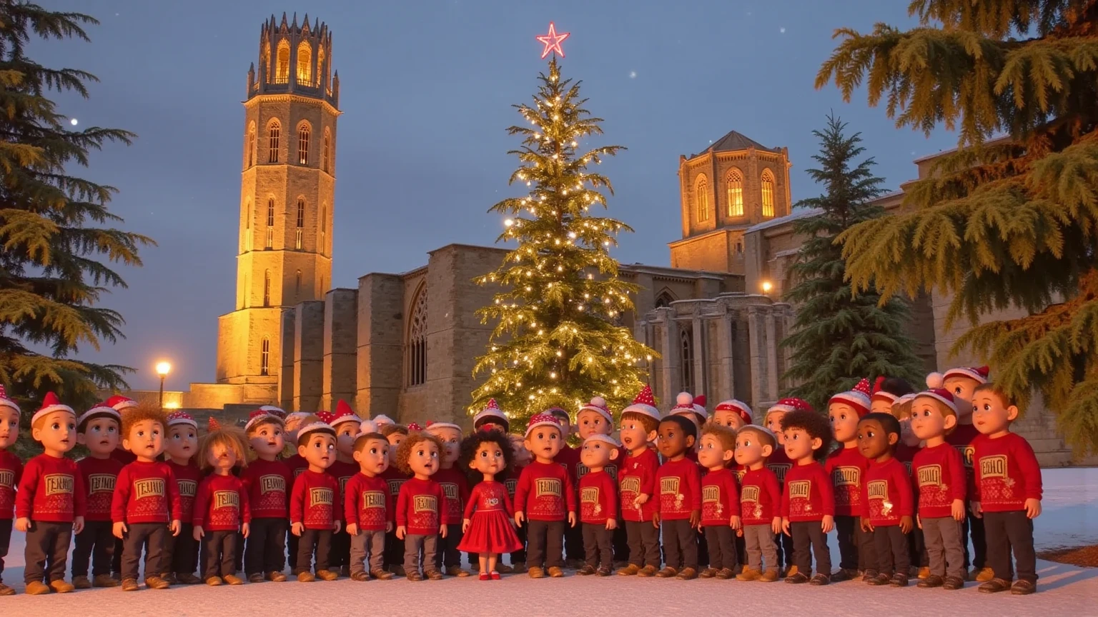  a highly realistic and detailed image of a majestic cathedral surrounded by a festive Christmas atmosphere, similar to Central Park. The cathedral should feature intricate architectural details, with its stone façade illuminated by warm, golden lights. Surrounding the cathedral, there should be lush Christmas trees adorned with colorful ornaments, twinkling fairy lights, and garlands.

In the foreground, depict a diverse group of ren joyfully singing in a Christmas choir. They should be wearing vibrant, festive sweaters that prominently display the word 'tecno' in playful, bold letters. The ren should be animated, with expressions of joy and excitement, as snow gently falls around them, adding to the winter wonderland effect. The scene should evoke a sense of warmth, community, and holiday spirit, capturing the magic of Christmas in a bustling park setting.