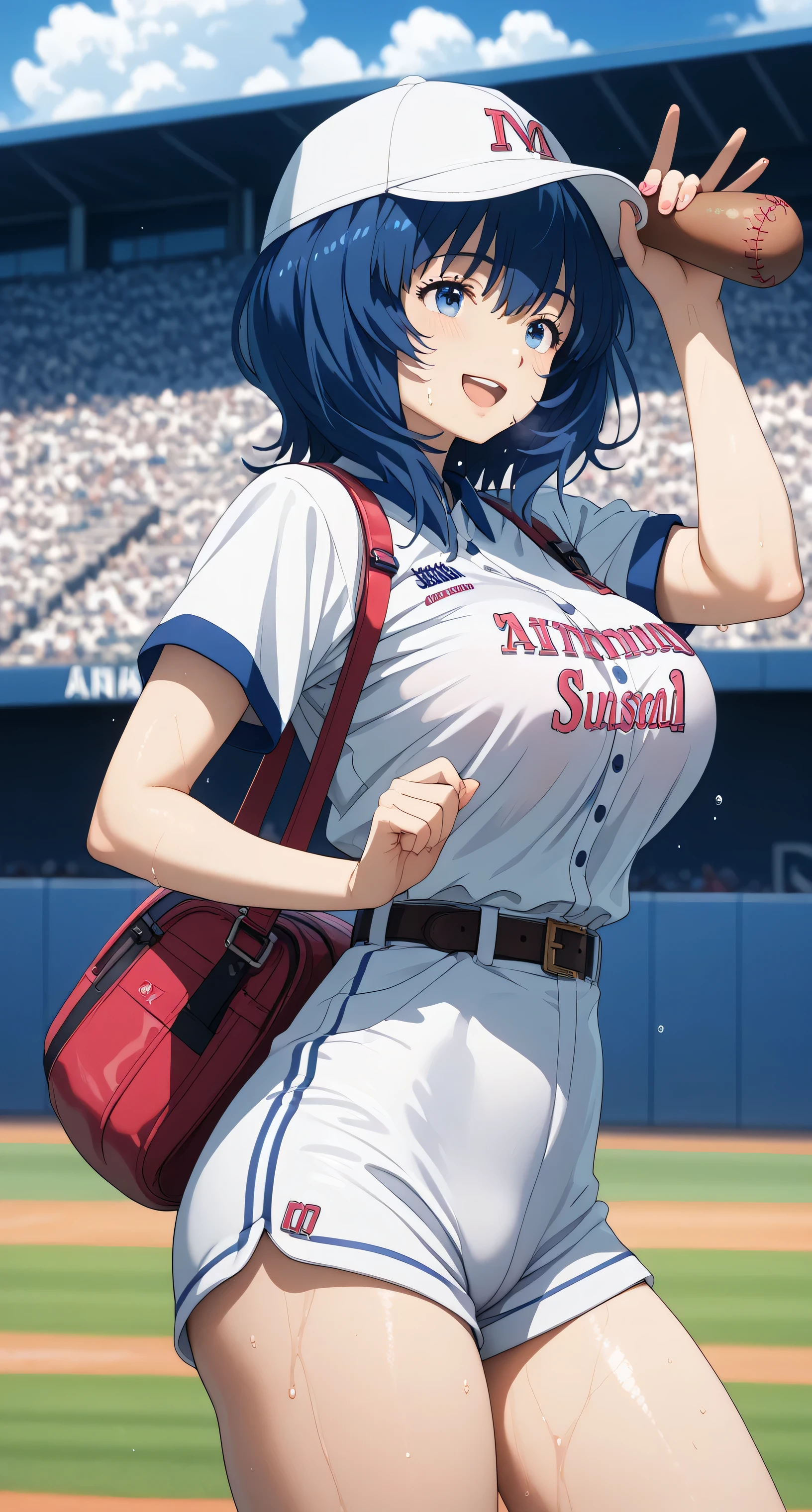 Source anime, Tall girl, Fit girl,score_9, score_8_up, score_7_up, score_6_up, uncensored, source_anime, annayanami, annayanami, blue eyes, large breasts, medium hair, blue hair, blue eyes, sidelocks, ribbon, 1girl, baseball_uniform, hat, sportswear, shorts, breasts, belt, baseball_cap, large_breasts, open_mouth, sweat, pantyhose, solo_focus, thighs, clothes_writing, smile