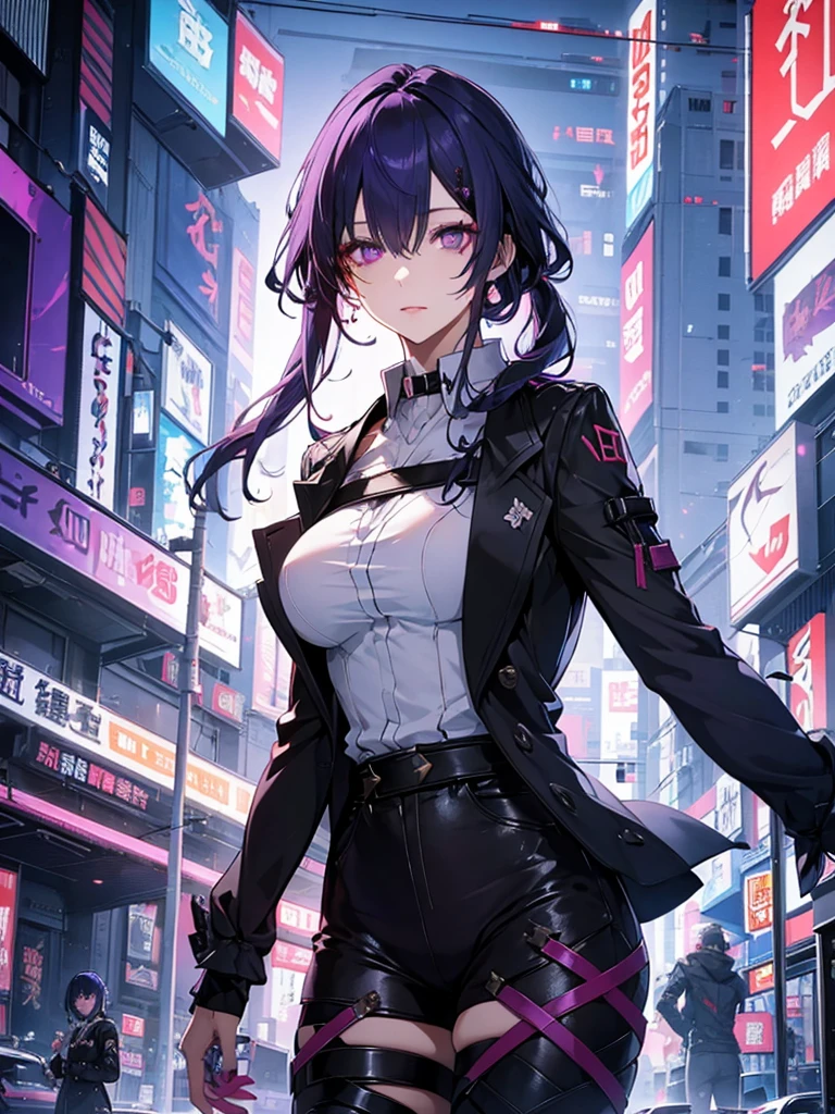 A girl stands on the roof of a skyscraper in a night metropolis, illuminated by neon lights. She has short dark indigo hair with silver streaks., and deep purple eyes with a barely noticeable scar on the right eye. She is wearing a black leather jacket with lots of belts., skinny pants and high boots, which highlight her cyberpunk style. In her hands she holds a small hacking device., fingers glide confidently over the keys. A weak expression plays on her face., mysterious smile, And there's tension in the air. In the background is an endless city with lights, reflecting her inner world, filled with secrets and dangers."