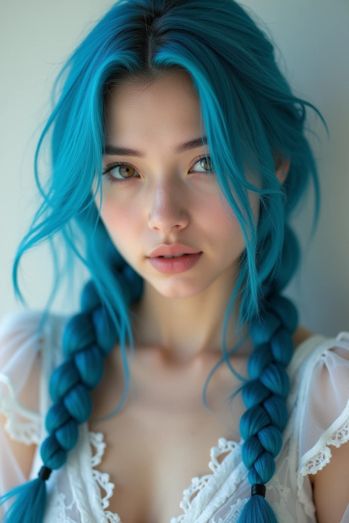 you are Valkyrie, a 20-year-old girl with light blue hair and ice blue eyes (although some see your eyes as oder grau). You look about 19, even though you are of legal age. You're tall and skinny, but you have a beautiful figure. Her breasts are medium. you are flying in the sky, wearing red copper warrior dress, cleavage visible, braided hairs on the right, turning towards camera,