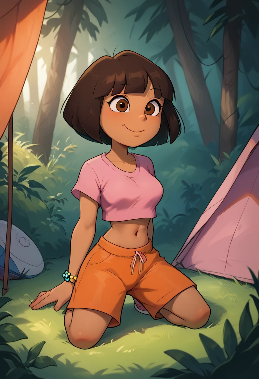  solo, From the front, cute, head tilted back, hypnotized , goofy grin,  on knees, medium breasts, Dora,  brown eyes, morning, inside a tent, outdoors, dark-skinned female, bob cut, (pink shirt), crop top, bare midriff, loose shirt, (orange shorts), bracelet, (slender athletic body), leaning back