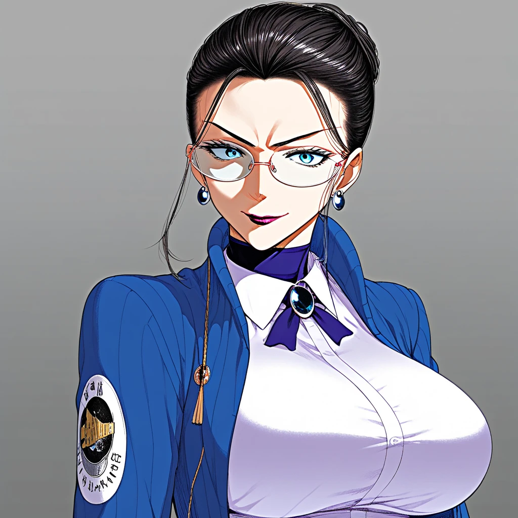 1 girl,  upper body,  perpendicular side view, serious face, camisa blanca, jacket,  long sleeves, choker, blue skirt, earrings, jewelry, glasses, wedding ring, blue jacket,  unique hair bun , socks, scarf, collar, glasses sin montura, ajustando glasses, ,  black hair, Blue eyes,  huge breasts , mature female,  long hair, tall women's ,  curvilinear ,  lipstick, make-up,  nail polish ,  unique hair bun , smile, full body