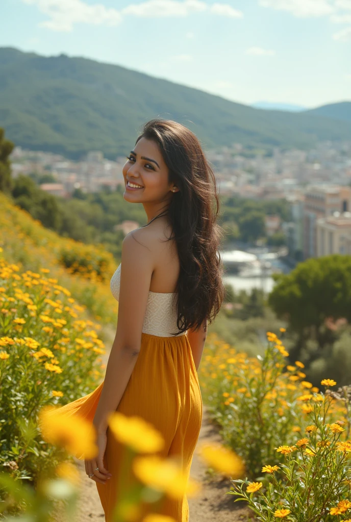 Samantha, 32 years Indian actress, climb the hill of Nice, France, looking back, with a smile, for the spectator