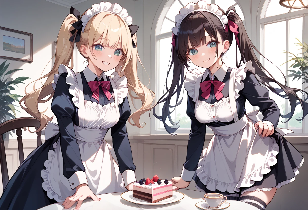 ((masterpiece, best quality, ultra detailed, high resolution, detailed facial description)), (2 girls:1.3, 1 boy:1.3), (light makeup), (1 girl is tall:1.2, black long hair), (1 girl is short:1.2, twin tails), (maid, maid headdress, maid apron), (mini skirt:1.2, black and white striped thigh highs:1.1), (frilled lace panties), (modest breasts:1.3), (skirt lift:1.3, show panties:1.1), (open blouse:1.2, show breasts:1.3), (good smile, blush:1.3), (spoken heart), leaning forward, standing, (1 boy, faceless boy:1.1), (sitting on chair, show penis), (inside, maid cafe:1.1, Teacup on a table and cake on a plate with a fork:1.1), nsfw