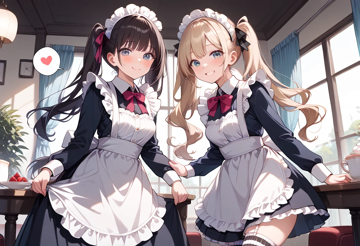 ((masterpiece, best quality, ultra detailed, high resolution, detailed facial description)), (2 girls:1.3, 1 boy:1.3), (light makeup), (1 girl is tall:1.2, black long hair), (1 girl is short:1.2, twin tails), (maid, maid headdress, maid apron), (mini skirt:1.2, black and white striped thigh highs:1.1), (frilled lace panties), (modest breasts:1.3), (skirt lift:1.3, show panties:1.1), (open blouse:1.2, show breasts:1.3), (good smile, blush:1.3), (spoken heart), leaning forward, standing, (1 boy, faceless boy:1.1), (sitting on chair, show penis), (inside, maid cafe:1.1, Teacup on a table and cake on a plate with a fork:1.1), nsfw