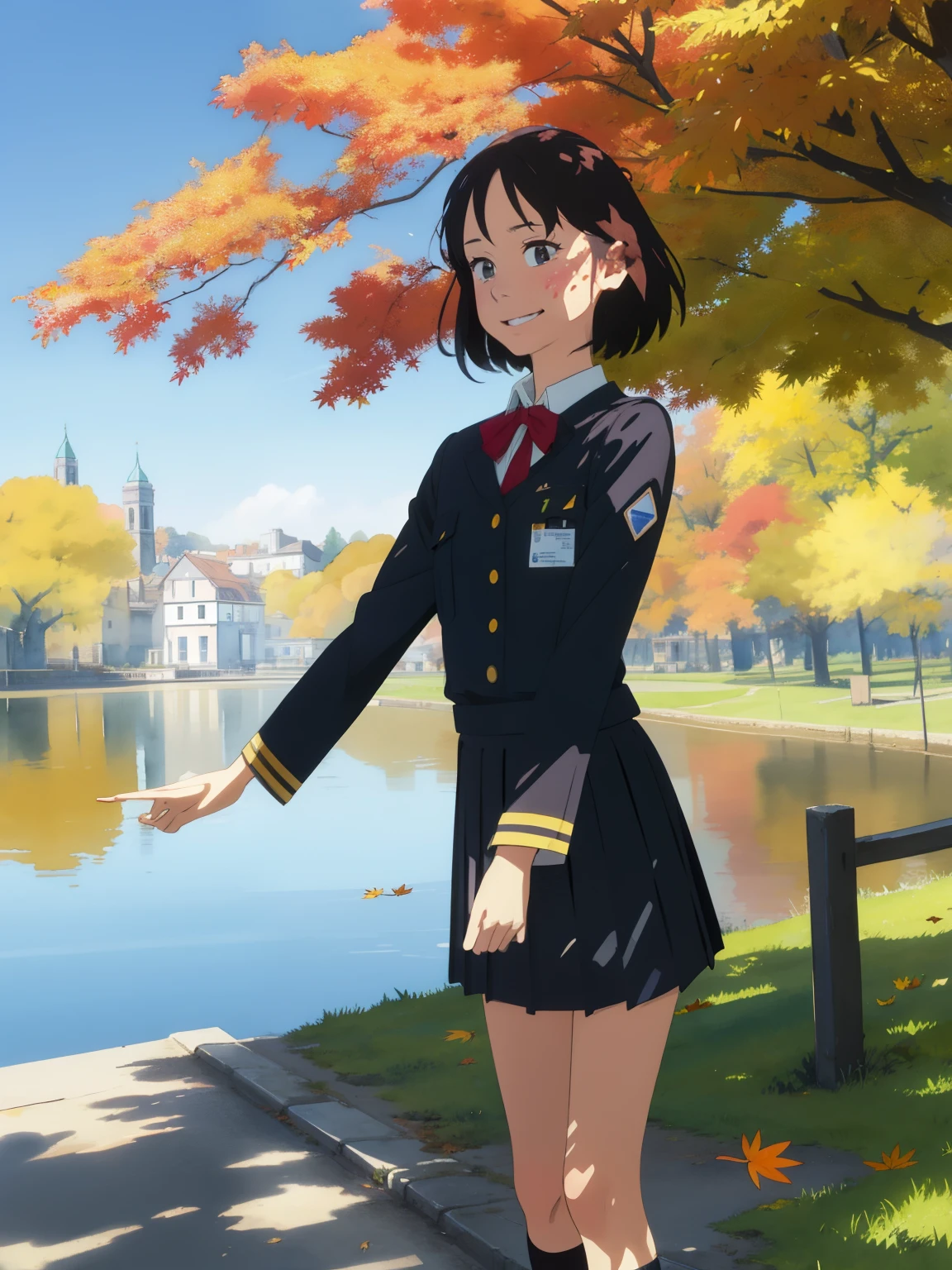 (   super flat  ,   Flat shading )，  girl ，baby face， Very short ，     Figure Temptation   ，   very small flat breasts ，   my chest is so flat and bulging  ，   very thin limbs，   thin thighs   ，Short legs，long sleeve uniform:1.2，Name tag on chest，   standing on a chair wearing a short pleated skirt， On the way home from the riverside in the fall    ，   fallen leaves for uterine bleeding  ，Pee stains:1.2，glass，smile，   I'm a little shy   ，Autumn blue sky，   bright   ，  low angle，   bright   色，watercolor， Ghibli style，   indivual々 accurate and detailed temptations of a woman's fingers   ，