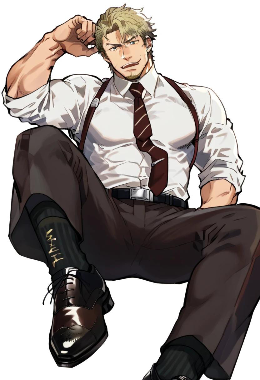 male focus, muscled male, solo, ikemen, mature, male only, swedish, blond, tough man, bold, eyes fix, flat chest, sturdy waist, 50 years old, office worker, collared shirt, tie, three piece suit, belt, slacks, tight clothes, whole body, sitting, invisible chair,  looking at viewer, (white background, simple background:1.5), masterpiece, best quality, mta, foor worship, showing his socked foot:2, long tube calf black fancy socks, dominating male pose:2, muscle, lick his shoe sole, demon guy:2, long shot 