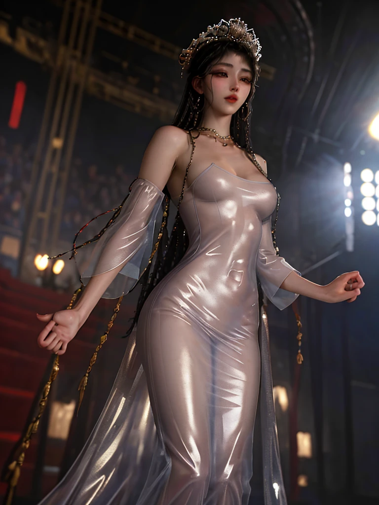 highres,absurdres,masterpiece,best quality,original,extremely detailed CG,extremely detailed wallpaper,perfect lighting,standing on the stage,looking at viewer,1girl,blurry background,bare hands,
ruanyi0214,see-through,dress,