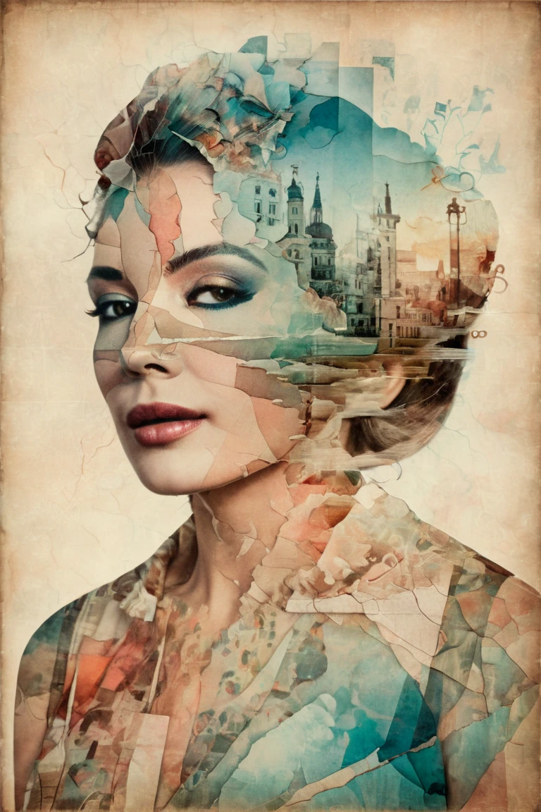 A beautiful woman, double exposure, surreal artwork, printed on cracked paper, artful, aesthetic, muted colour scheme, unusual, vintage feel
