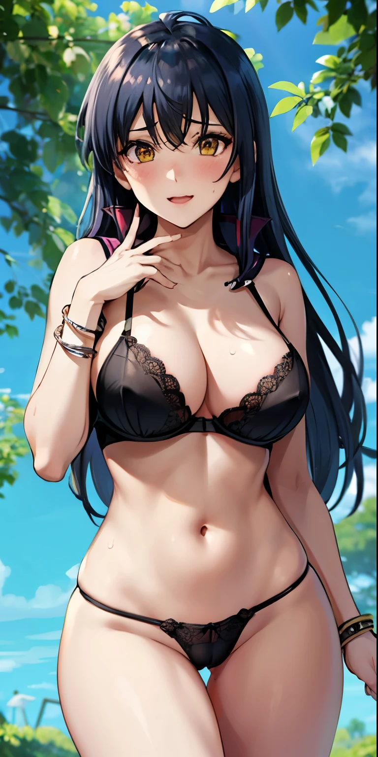 1 Female,High definition,high resolution,Ultra-realistic,8K,1girl,hmrei, long hair, black hair,yellow eyes, large breasts,bracelet ,black bra,black thong,European,sexy,Photographed from the front,Dynamic Angles,blush, big tits,cute face, facial, sweat, perfect face,  perfect body,(wide thighs:1.3),cute face, cameltoe