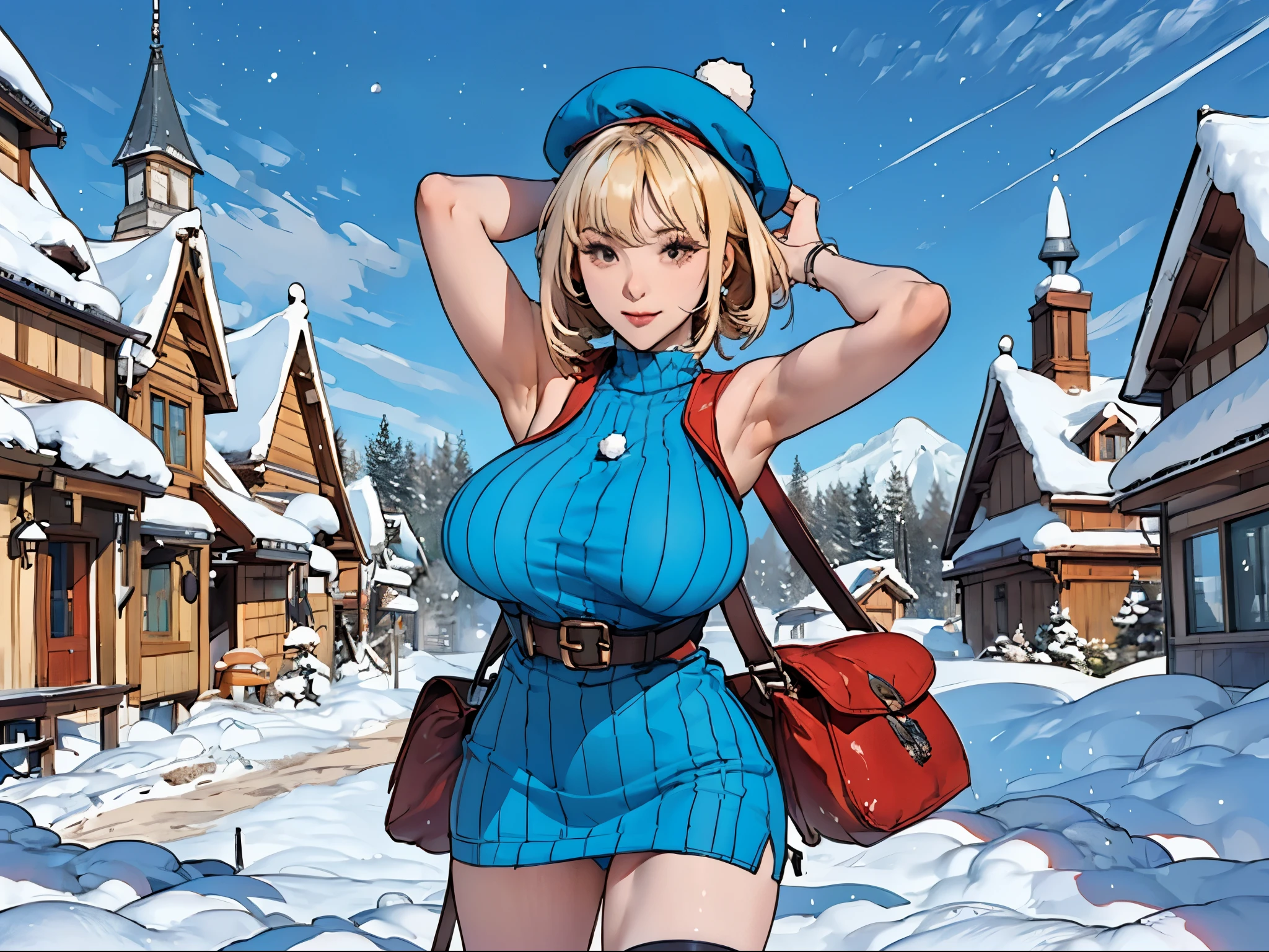 girl, sleeveless turtleneck sweater minidress, (gigantic breasts:1.4), armpit, beret, short hair, bangs, looking at viewer, fanny bag, thigh, snow, snowy, village, starry sky, top quality, masterpiece, ultra detail, ultra high resolution, blonde hair, santa,