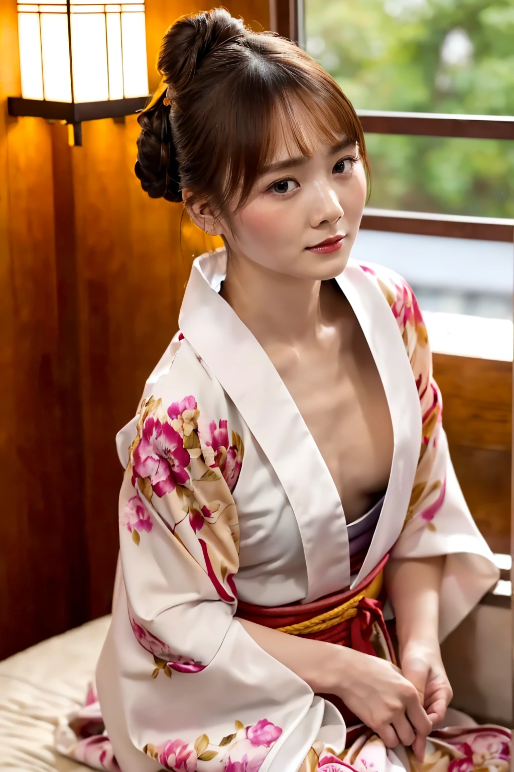 (最 High Quality 、 table top in bed、8k、 highest image quality taken by Ki、 Award-winning works )、(一人の beautiful女性:1.1)、(Innkeeper:1.1)、(Elegant floral kimono:1.2)、Open-chested kimono,(A kimono with a perfect and accurate collar:1.2)、 Perfect Female Full Body Portrait Photography、 Glowing Skin、(((Relaxed collar、)))、( blurry, elegant, sophisticated, perfect Japanese style room background:1.3)、(The most natural and perfect clean Japanese style room background:1.2)、Glowing White Skin、 very white skin 、(18 years old:1.3)、(最も優雅なslouch姿勢:1.4)、( small breasts:1.2)、完璧な beautiful光沢のある唇、、( beautiful,  High Quality , Large kimono obi:1.2)、(Long kimono:1.2)、(完璧で自然な beautiful着物:1.2)、(Hair Bun:1.1)、( face making a call close-up:1.3),slouch,nsfw,