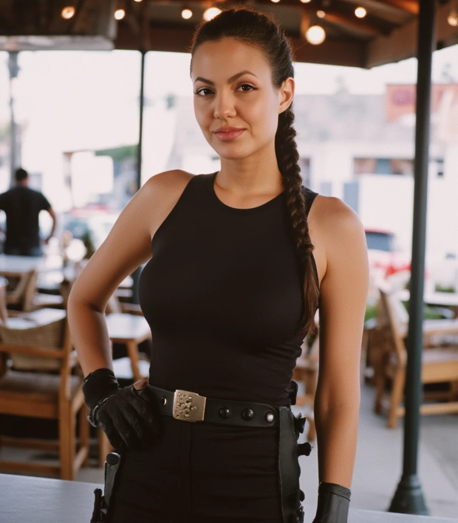 The image is a high-resolution photograph featuring a woman with a stern expression, athletic physique and a confident stance, Her long hair pulled back into a long braid. She has striking brown eyes and a prominent nose., with a direct gaze into the camera., sleeveless tank top and matching shorts. accentuating her toned arms and legs. She wears black, tactical harness with a gun holster on each hip. she is standing in a cafe