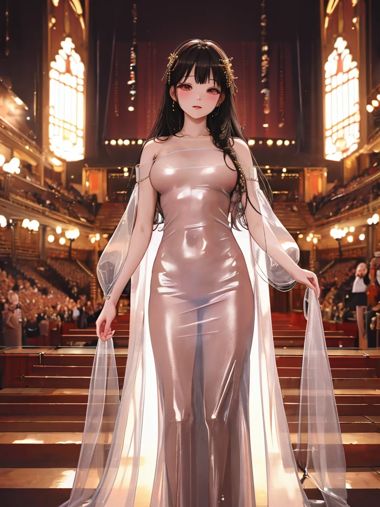 highres,absurdres,masterpiece,best quality,original,extremely detailed CG,extremely detailed wallpaper,perfect lighting,standing on the stage,looking at viewer,1girl,blurry background,bare hands,
ruanyi0214,see-through,dress,