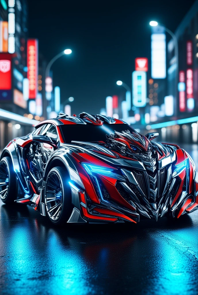 Une illustration hyperdétaillée d'une supercar futuriste inspirée d'Optimus Prime, mélangeant des éléments robotiques et automobiles. La voiture a un design aérodynamique élégant avec des accents néons bleus lumineux, panneaux métalliques rouges et argentés, et grand, pneus high-tech avec des moyeux lumineux. Le logo emblématique des Transformers est fièrement affiché sur le capot, brillant faiblement d'une lumière bleue. La calandre ressemble à un visage robotique avec des optiques lumineuses, et la voiture émet un faible bourdonnement mécanique, garée dans un paysage urbain cyberpunk la nuit sous des néons.