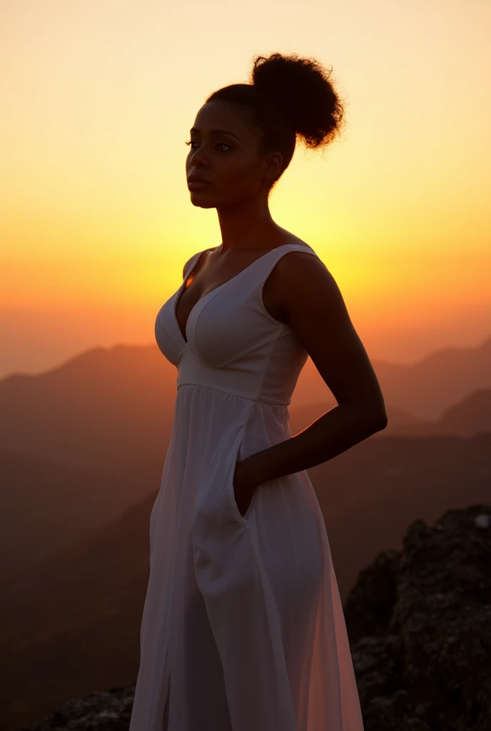 Silhouette of 1 beautiful biracial latina, light blue eyes, woman light blue hair with big large breasts, on top of a mountain,sunset behind,serene pose, photo realistic, Résolution Haute, white dress, extremely detailed full body, Gros Plan, contre-jour, portrait