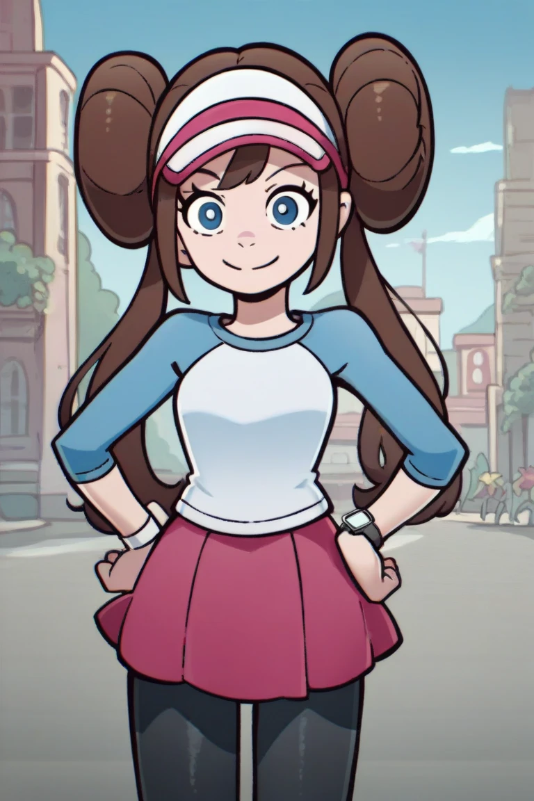 1girl, solo, romeisabwii, brown hair, hair bun, twintails, blue eyes, visor cap, pantyhose, raglan sleeves, pink skirt, blue shirt, pink bow, wristwatch, outdoors, city, standing, smile, hands on hips