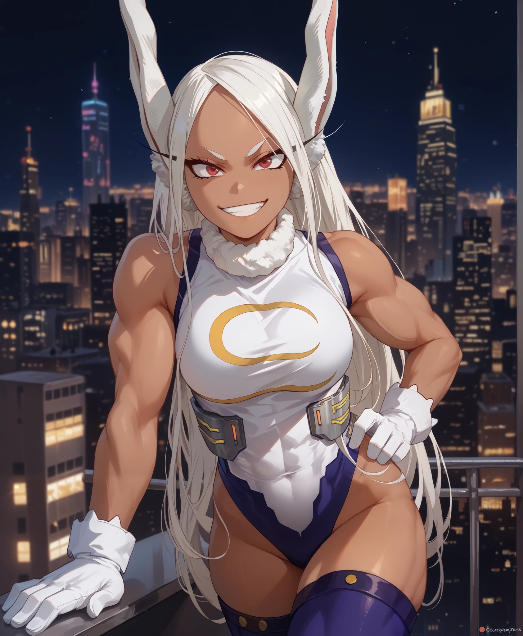 ((miruko)), ((usagiyama rumi)), ((masterpiece)), ((cartoon style)), {(toned figure), (eccentuated curves), (thick thighs), (large breasts), (brown skin), (long white hair), (maroon eyes), (long eyelashes), (smug grin)}, {(hero costume), (leotard), (purple thighhighs), (white gloves)}, ((city)), ((skyscrapers))