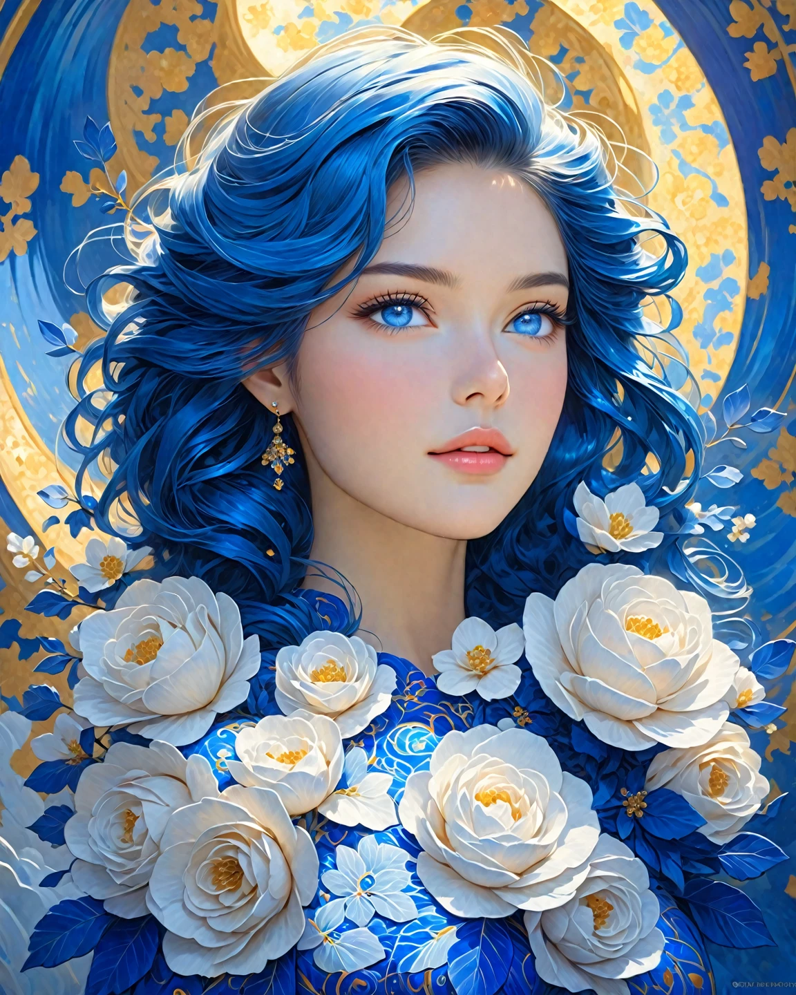 "A beautiful and radiant young woman , with long waves of blue hair shining with light . Her dress,  adorned with complex and elegant patterns in cobalt blue, highlights her figure with grace,  while her bearing reflects confidence and sophistication . his eyes, full of life,  complement the harmony of her appearance ,  creating a truly captivating image ."