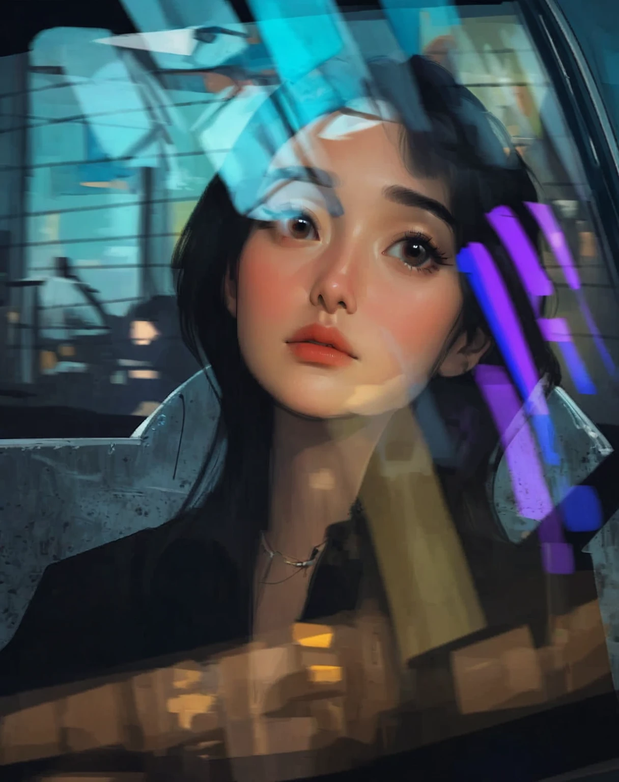 beautiful boy, cute, stylized face, big eyes, 19 years old, dark hair, wavy hair, short hair, purple highlights in hair, purple eyes, artwork in the style of guweiz, in the style of ross tran, digital art ilya kuvshinov, inspired by Ross Tran, lofi portrait, digital painting style, ross tran style, low detailed. digital painting, digital 4k painting, lofi portrait at a window