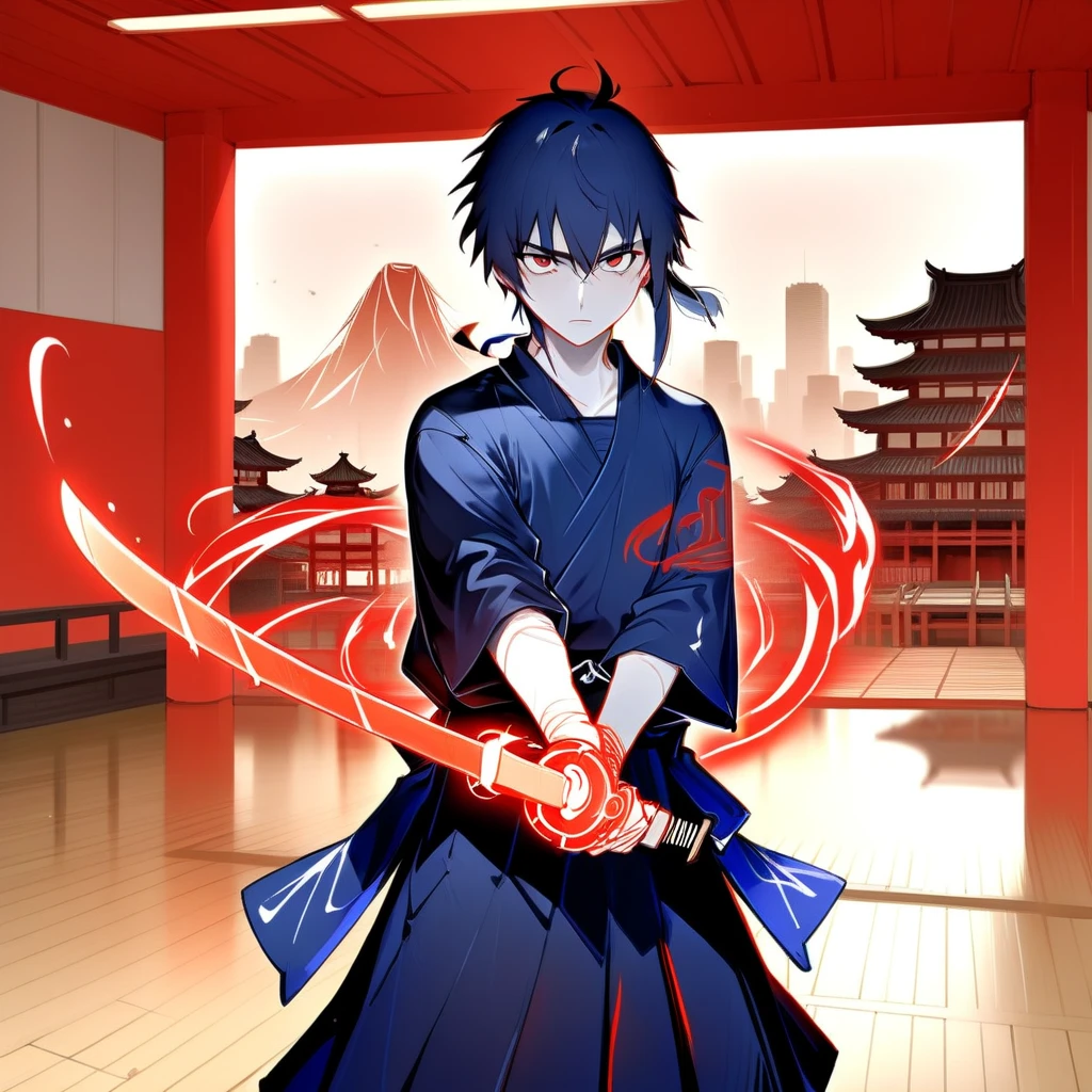 masterpiece， score_9,  score_8_ up,  score_7_ up,  score_6_ up,  score_5_ up,  score_4_ up,  man wearing kendo armor 、 wears a dark blue hakama and a blue cloth belt .  wearing kendo armor ， also wearing kendo mask ，Kendo mask ，A dark-haired woman holding a bamboo sword with both hands ,  pointing towards the end of the city ， face is invisible on a kendo face ，force，Red Theme，Red and black only，Ambition，aura，抽象的な線でauraを表現，A delicate touch，Anatomically correct，Known bamboo swords ,  indicating a state ready for martial arts practice .  There is a red and white stripe pattern on the handle of a bamboo sword.  in a bright room with white curtains、 standing on a gray wooden floor ,  suggests a quiet and focused atmosphere . 