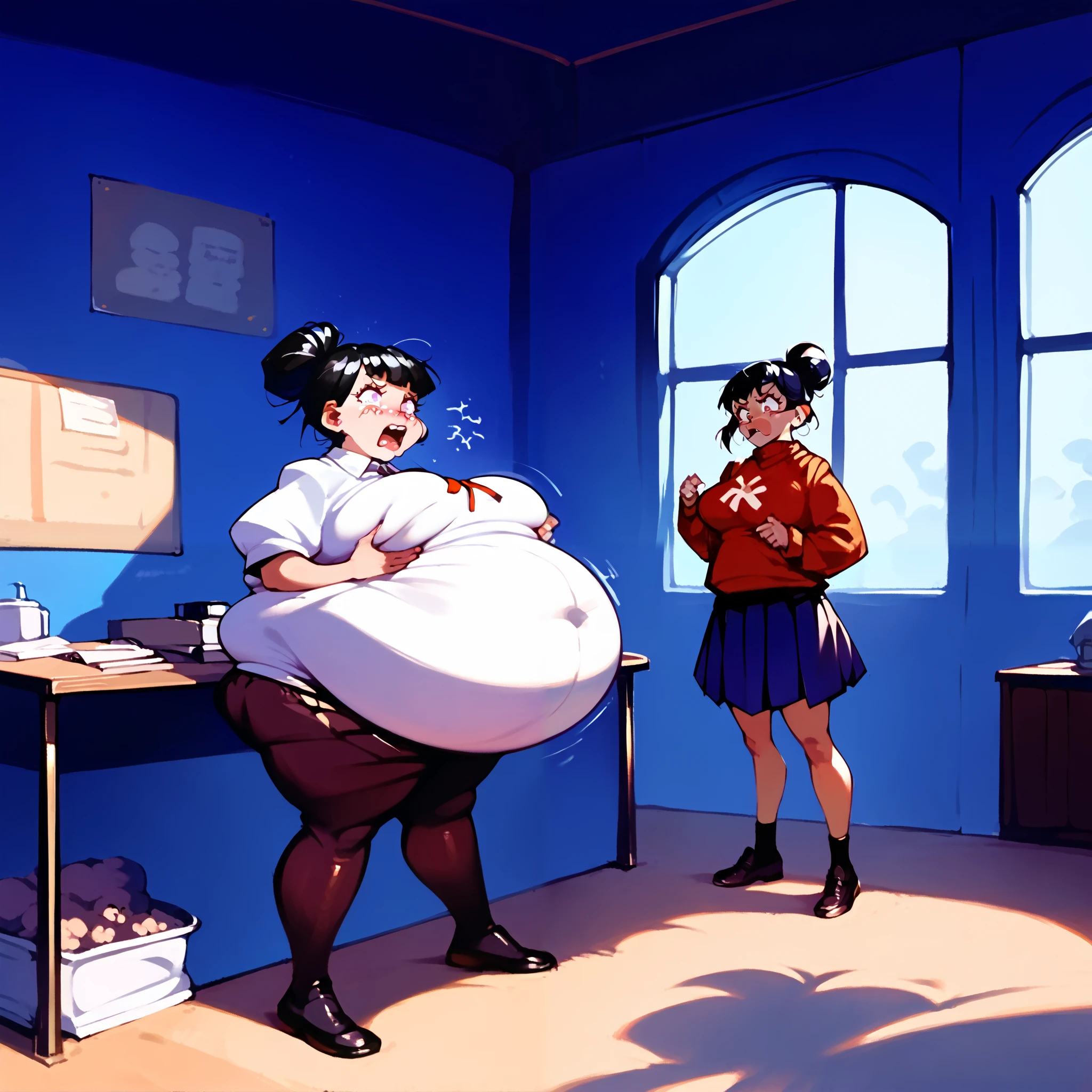 score_9, score_8_up, score_7_up, 1girl, ,(()) indoors, bedroom, black hair, hair bun, ((disgusted emotions)) school uniform, sweater, pleated skirt, (), (safe for work), (covered breasts), (spherical-inflation), (2 girls)