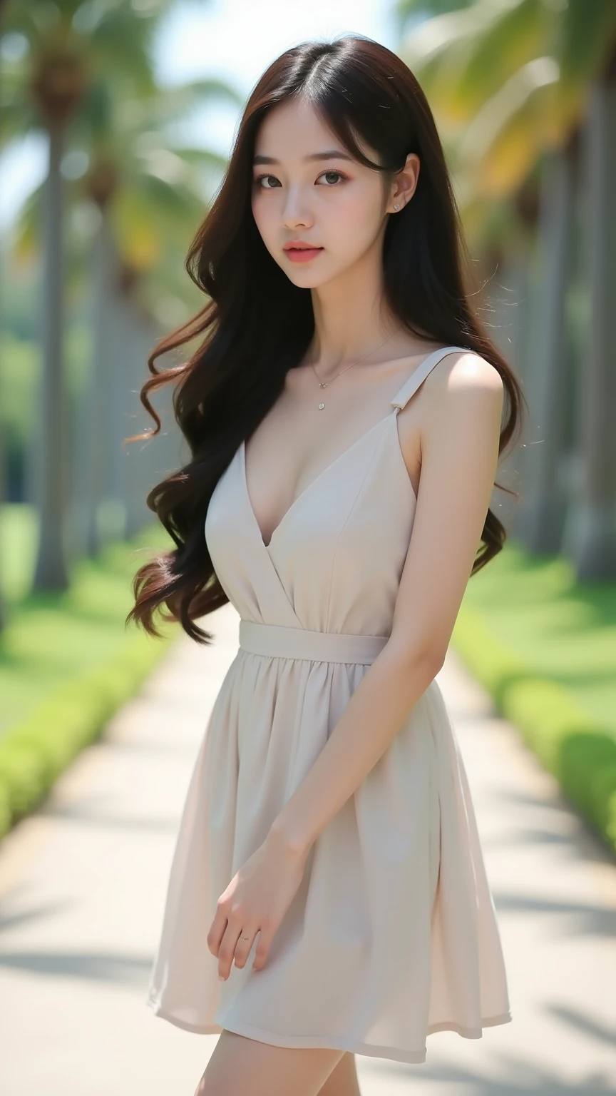 Portrait of a Japanese woman 21 years old with long, dark, glossy hair and large expressive eyes. Her petite figure is accentuated by a light sexy short summer dress that flows gently in the breeze. She walks in  nature with palms walking road, wonderful sunlight. The scene is captured in stunning high-quality, as if for a premium advertisement, with a perfect doll-like appearance that emphasizes elegance and charm