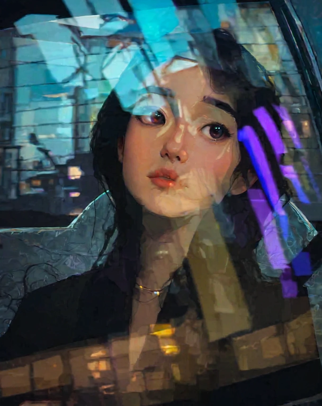 beautiful boy, cute, stylized face, big eyes, 19 years old, dark hair, wavy hair, short hair, purple highlights in hair, purple eyes, artwork in the style of guweiz, in the style of ross tran, digital art ilya kuvshinov, inspired by Ross Tran, lofi portrait, digital painting style, ross tran style, low detailed. digital painting, digital 4k painting, lofi portrait at a window