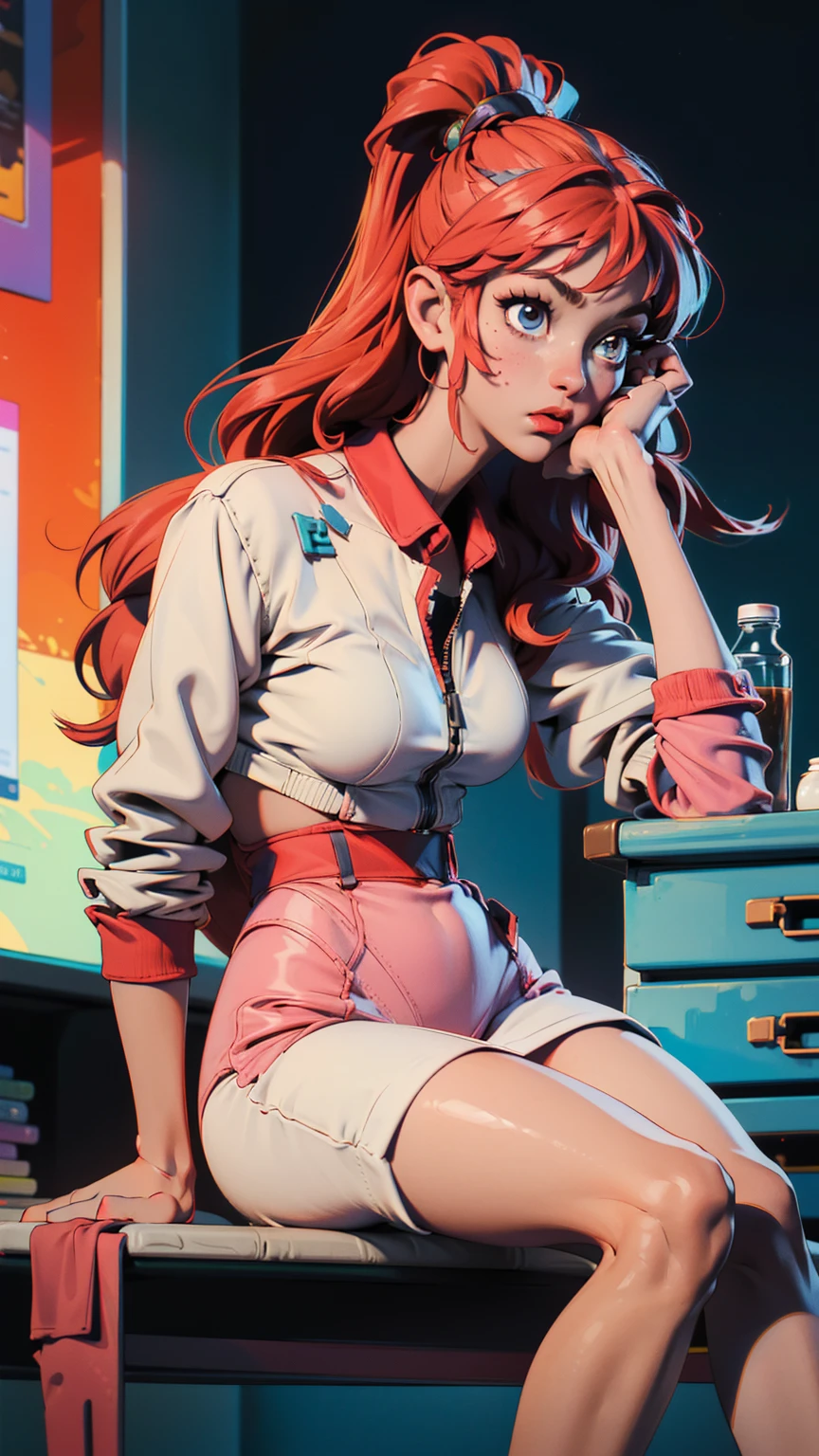Hacker girl,(((1girl))),((sweet and beautiful girl with red hair with two shades of white hair)), (big breasts:1,4),hanging breasts,( (((red hair with two shades of white hair )))),The beauty of extra long hair, Super long straight hair, (((Neon_Rainbow_Eyes:1.3))),intricate eyes,beautifully detailed eyes,symmetrical eye)),( ((Shiny Skin: 1.5,Shining Skin: 1.5,tanned skin,shiny skin,very shiny skin,shiny body,plastic glitter skin,exaggerated shiny skin,illuminated skin,beautiful sexy legs))),(spider abdomen,narrow waist,wide hips,athletic body , inflated legs, detailed body, (detailed face)), cute, ((NSFW)), perfect body, slim curves. ,absurd,long legs, detailed legs,cleavage,(((,wearing a sleep shirt and pants and white socks))), goddess-like, embarrassed, (centered, scaled to fit dimensions, rule of thirds), artistic photography, (adapted from SLDR), high resolution, sharp focus, (extremely detailed, extremely detailed), (photorealistic graphics: 1.37), (extremely detailed CG unit). 8k wallpaper), ((Sitting at a table with multiple monitors and typing on a keyboard looking caught, Sitting on a gamer chair in front of a table in a room with a large window background theme)),(((Vibrant colors))) ,(complicated background),(masterpiece),(best quality), full body view, (full body picture) , sweet smile, is fully clothed, back view
