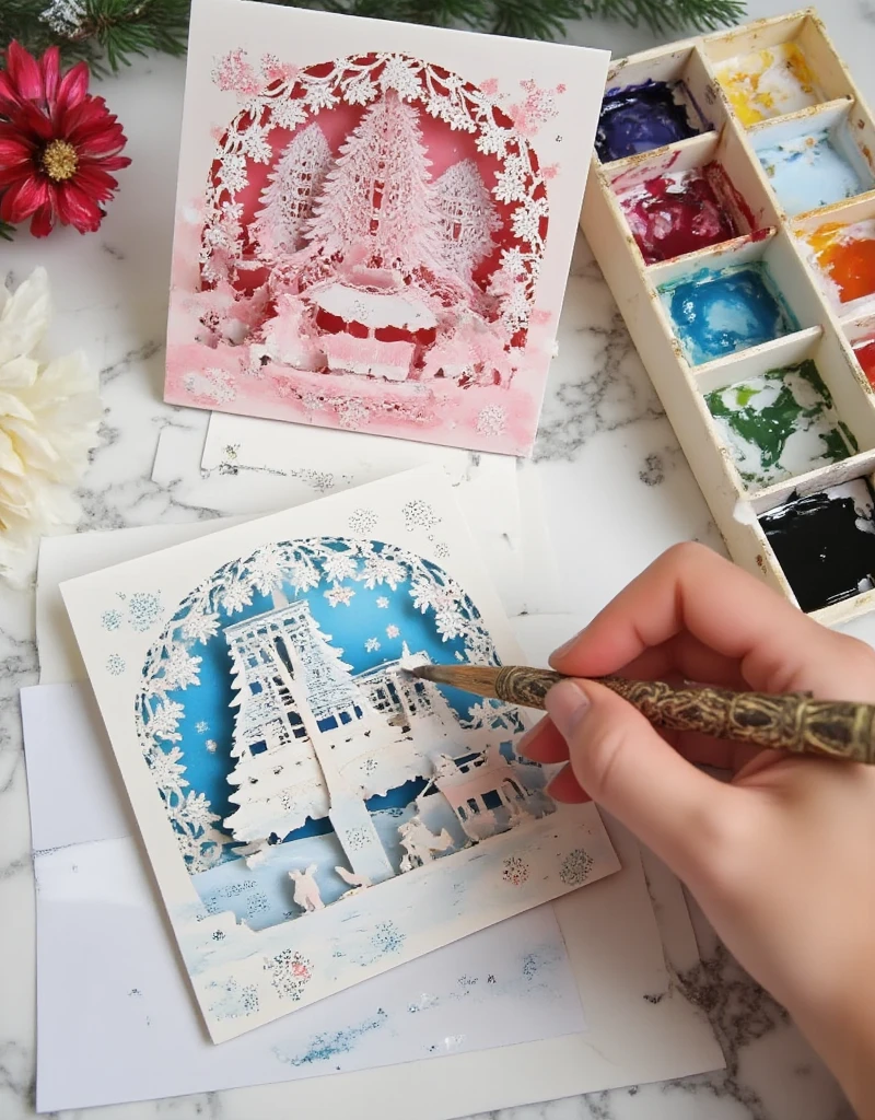  has an image ，Paint Christmas decorations , watercolor详细艺术, watercolor style, watercolor画, masterful 详细的watercolor画, 详细的watercolor画 painting, 高度细致的watercolor8k, 高度详细的watercolor 8 k, watercolor杰作, 详细的watercolor画,  pink and blue tones , 丰富的watercolor画, 用明亮的watercolor画, 详细的watercolor画, watercolor.,Cardboard art engraving