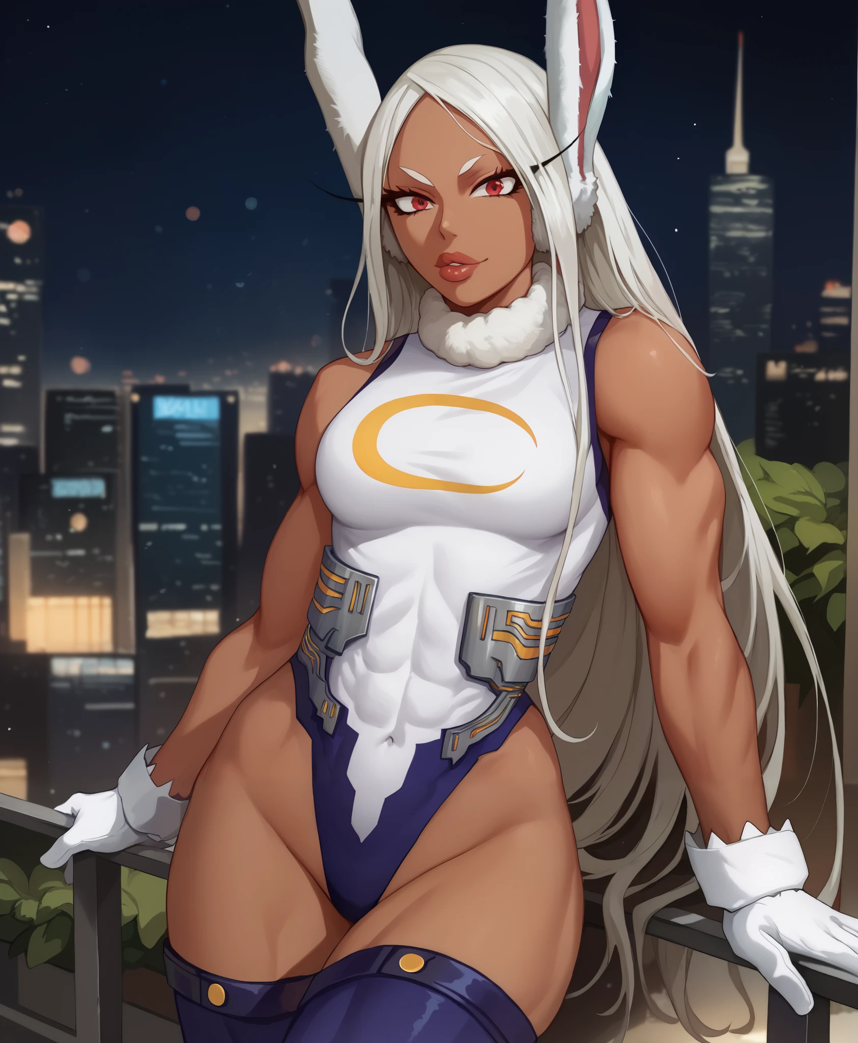 ((miruko)), ((usagiyama rumi)), ((masterpiece)), ((cartoon style)), {(toned figure), (eccentuated curves), (brown skin), (long white hair), (maroon eyes), (long eyelashes), (lush lips)}, {(hero costume), (leotard), (purple thighhighs), (white gloves)}, {(looking at viewer)}, ((city)), ((skyscrapers))