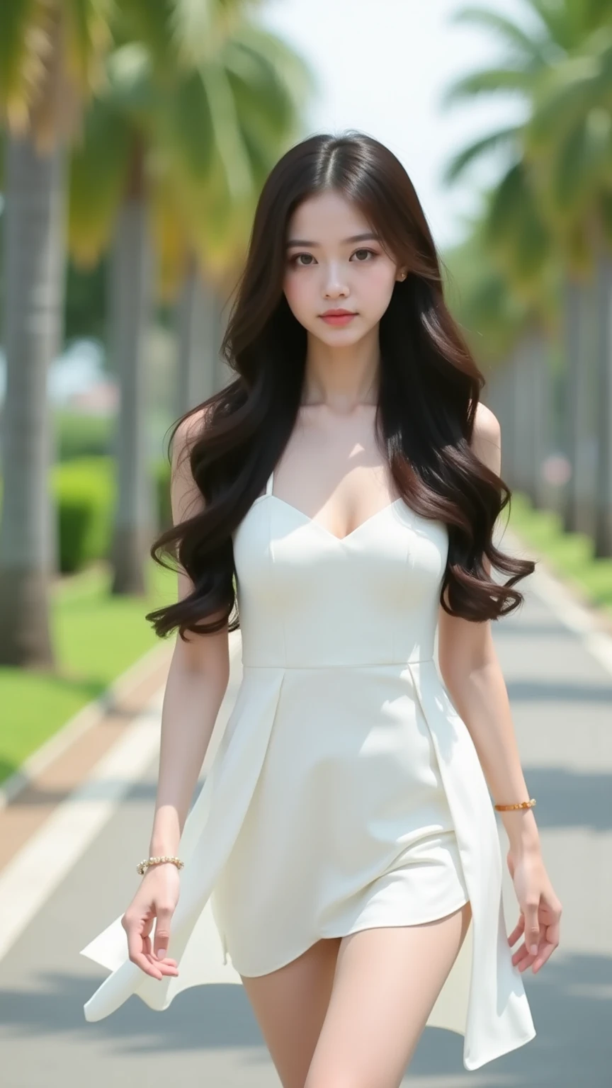 Portrait of a Japanese woman 21 years old with long, dark, glossy hair and large expressive eyes. Her petite figure is accentuated by a light white sexy short summer dress that flows gently in the breeze. She walks in  nature with palms walking road, wonderful sunlight. The scene is captured in stunning high-quality, as if for a premium advertisement, with a perfect doll-like appearance that emphasizes elegance and charm