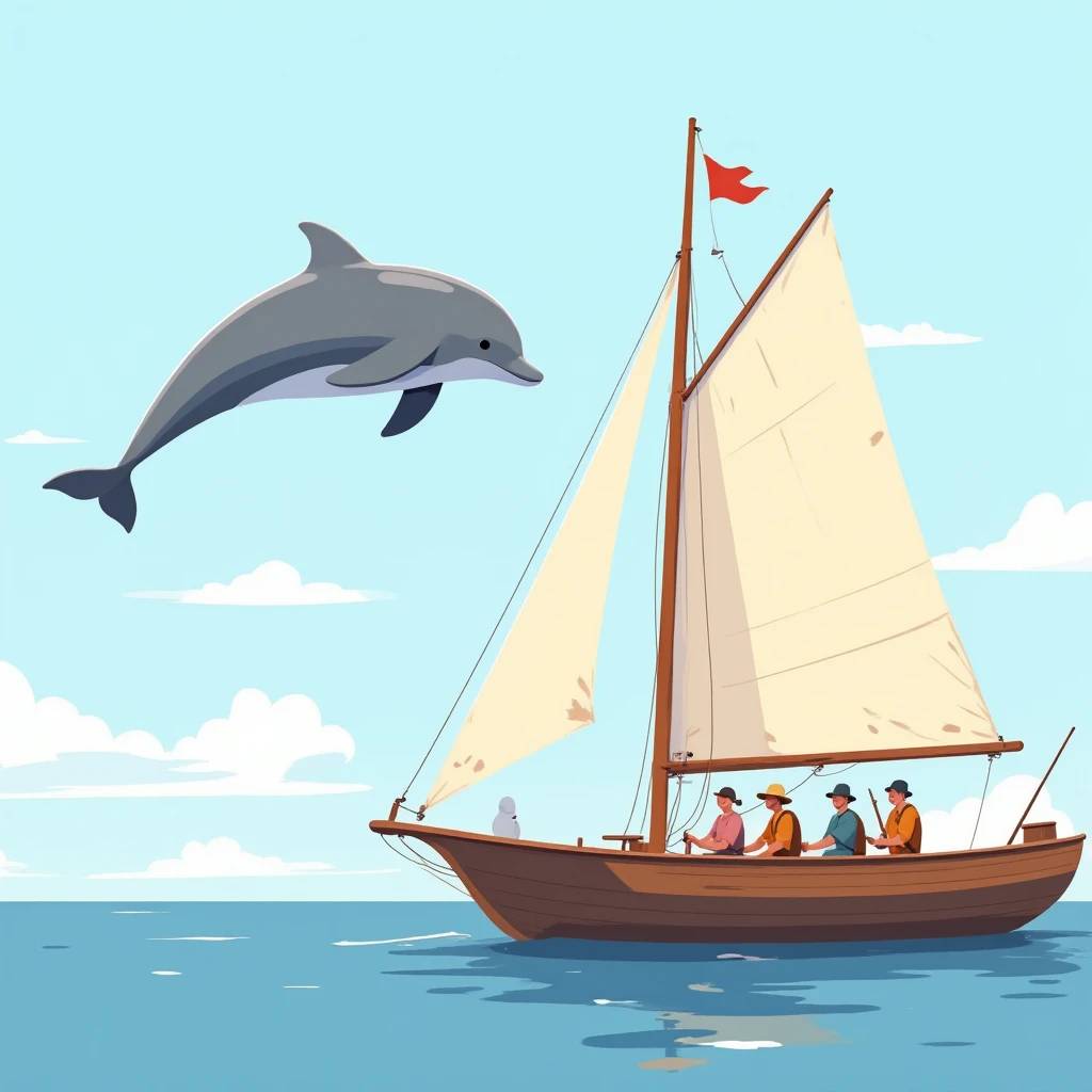 Flat detail of a dolphin circling in the air next to a sailboat, people and ren dressed in fishing clothes see the dolphin , The sailboat is cream-colored ,  with a red stripe on the top of the bow, Sunny day, calm sea, alta definición
