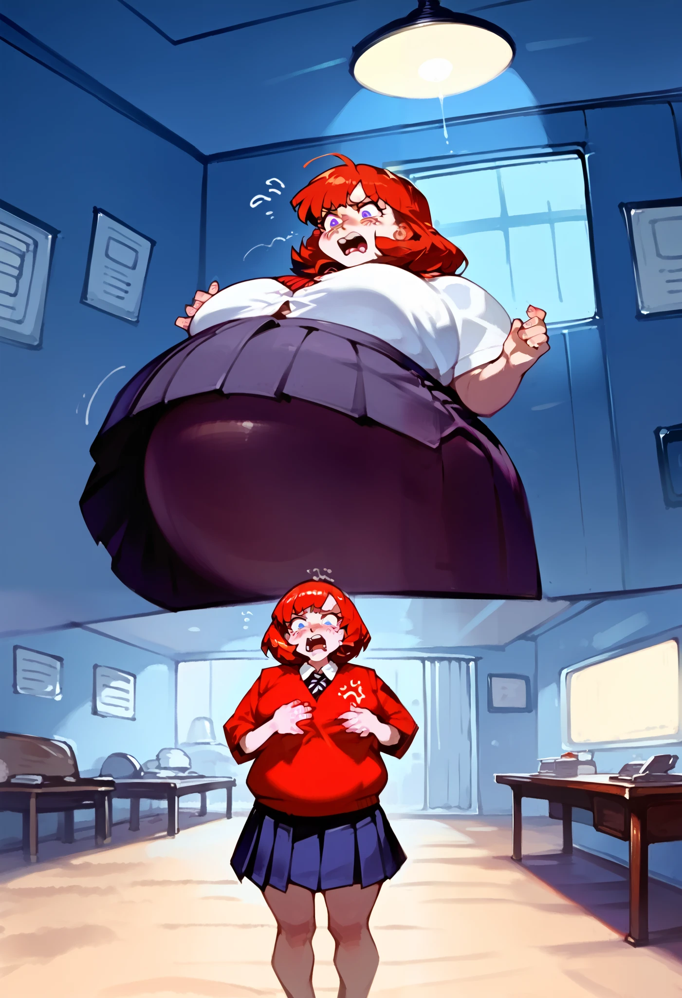 score_9, score_8_up, score_7_up, 1girl, ,(()) indoors, bedroom, , ((disgusted emotions)) school uniform, pleated skirt, (), (safe for work), (covered breasts), (spherical-inflation),