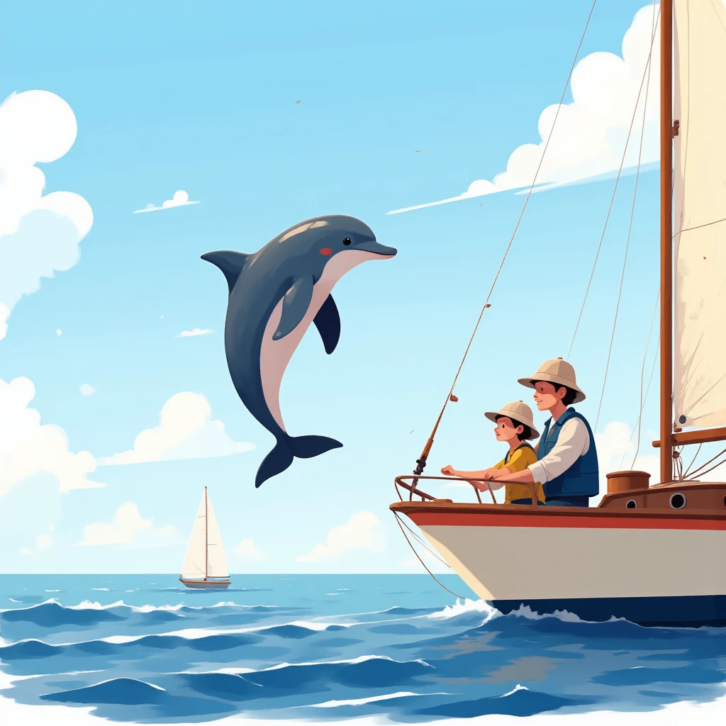 Flat detail of a dolphin circling in the air next to a sailboat, people and ren dressed in fishing clothes see the dolphin , The sailboat is cream-colored ,  with a red stripe on the top of the bow, Sunny day, calm sea, alta definición
