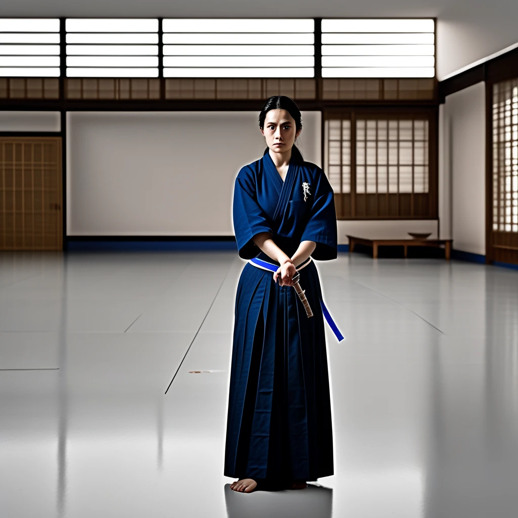  in a high position 、 wears a dark blue hakama and a blue cloth belt . A dark-haired woman holding a bamboo sword with both hands , Known bamboo swords ,  indicating a state ready for martial arts practice .  There is a red and white stripe pattern on the handle of a bamboo sword.  in a bright room with white curtains、 standing on a gray floor ,  suggests a quiet and focused atmosphere . 