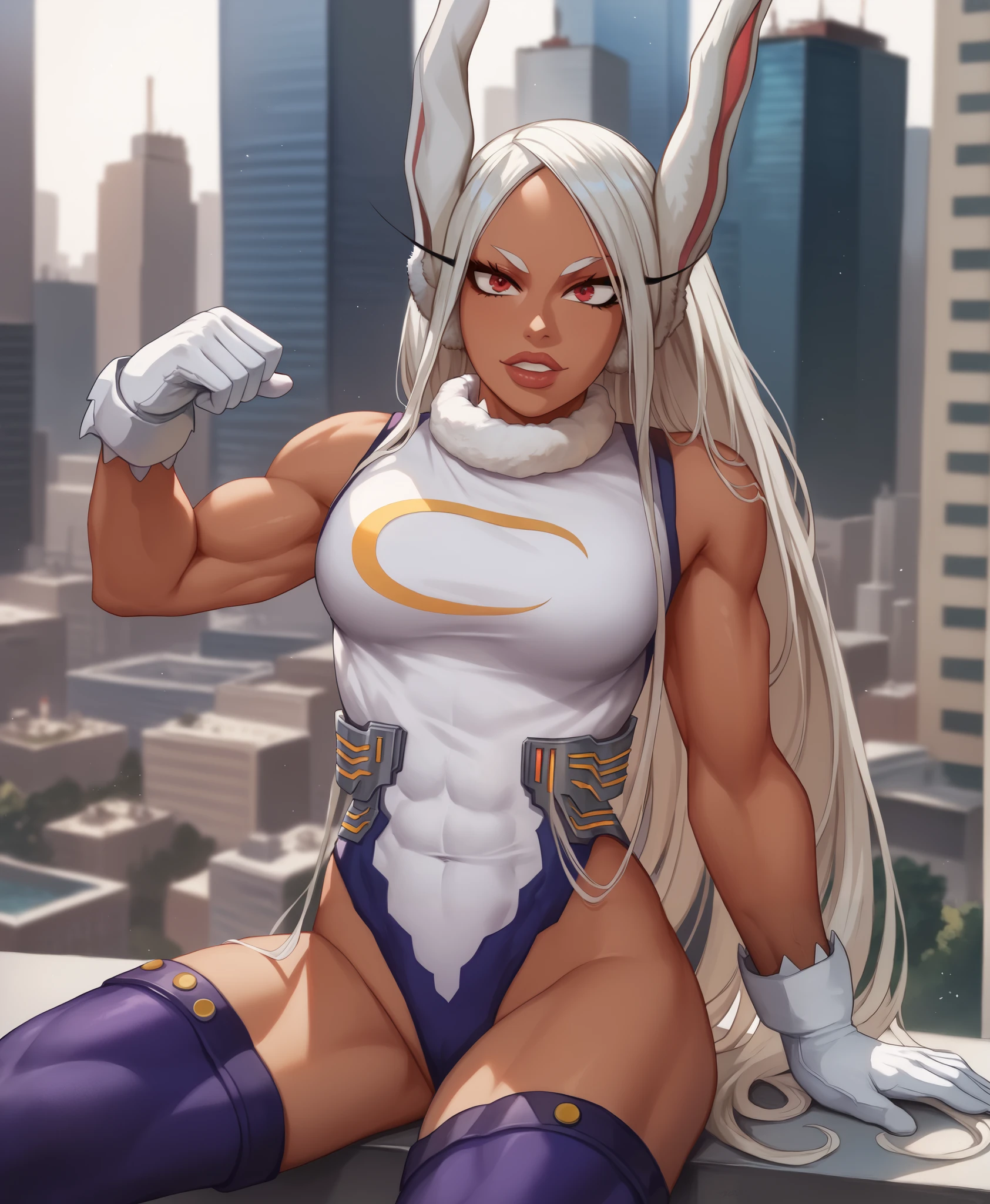 ((miruko)), ((usagiyama rumi)), ((masterpiece)), ((cartoon style)), {(toned figure), (eccentuated curves), (brown skin), (long white hair), (maroon eyes), (long eyelashes), (lush lips)}, {(hero costume), (leotard), (purple thighhighs), (white gloves)}, {(looking at viewer)}, ((city)), ((skyscrapers))