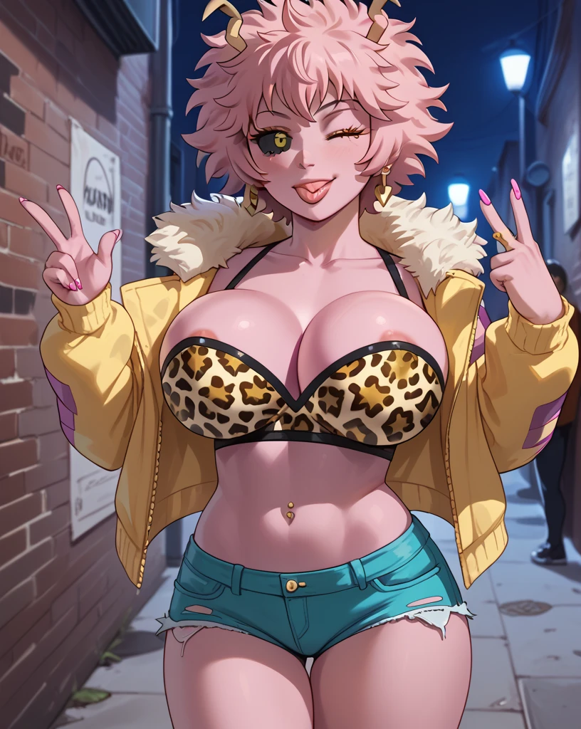 (((Mina Ashido))), breast implants, bimbo, lipstick, makeup, puffy lips, late night, alley, fishnet, pink skin, jewelry, piercing, leopard print, short shorts, navel piercing, gold earrings, fake eyelashes, pink hair, fur-trimmed jacket, prostitution, fake breasts, tongue out, wink