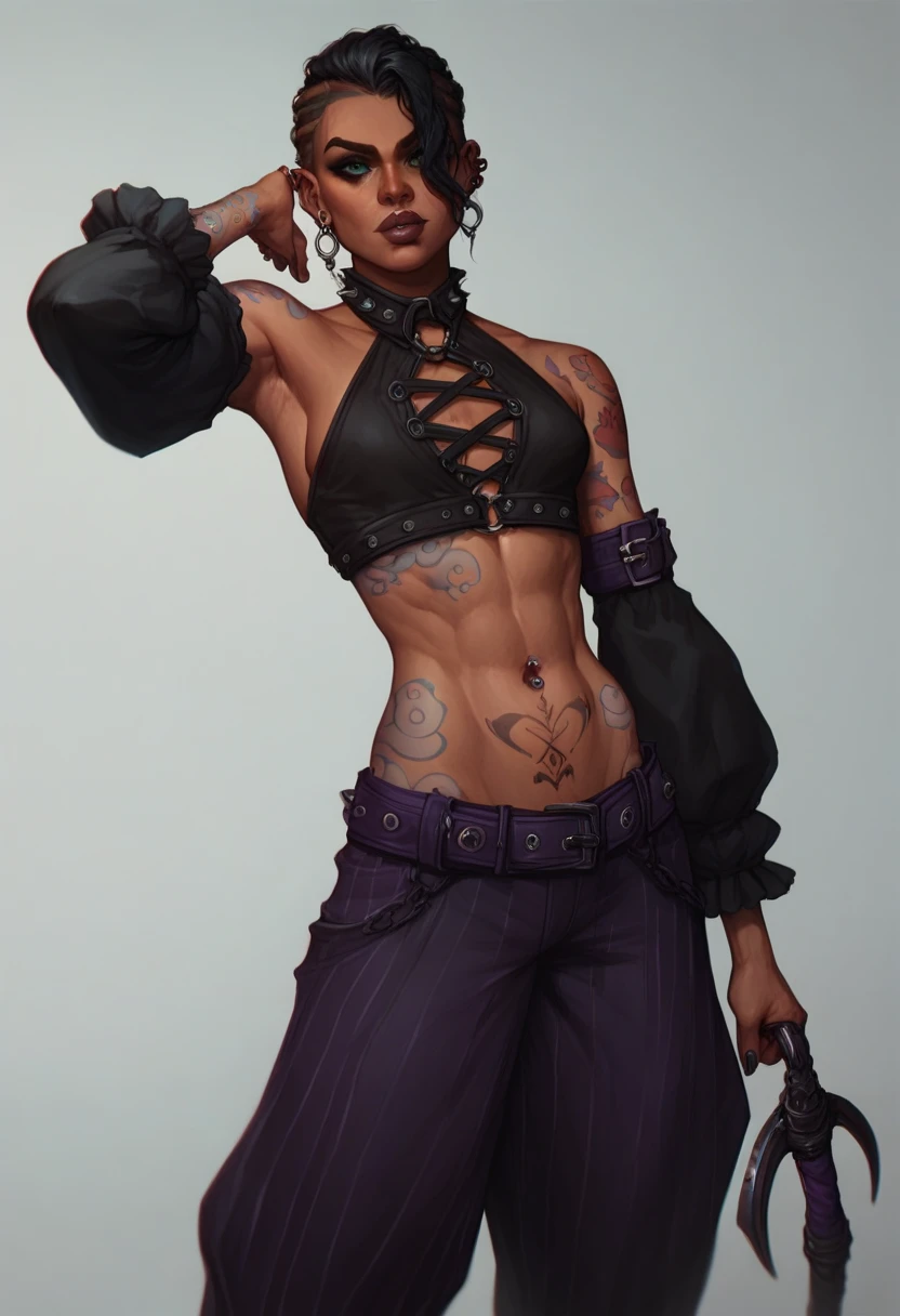 A character outfit from the series arcane gothic outfit , detailed, black clothes, dark skin, silver, purple items, tattoos, extravagant, huge baggy pants,  black, pirate, skinny, 