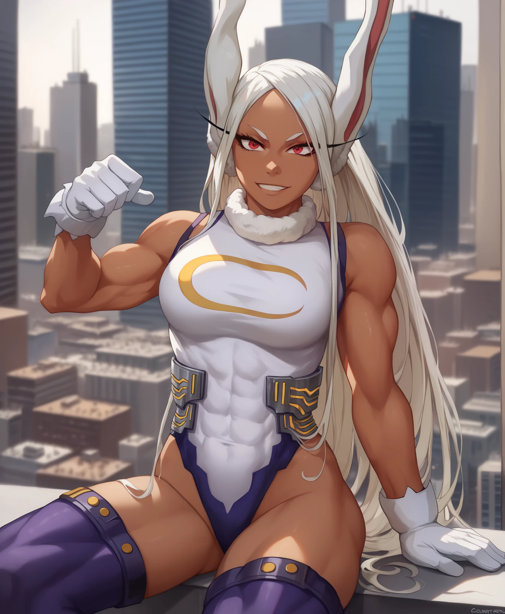 ((miruko)), ((usagiyama rumi)), ((masterpiece)), ((cartoon style)), {(toned figure), (eccentuated curves), (brown skin), (long white hair), (maroon eyes), (long eyelashes)}, {(hero costume), (leotard), (purple thighhighs), (white gloves)}, {(looking at viewer)}, ((city)), ((skyscrapers))